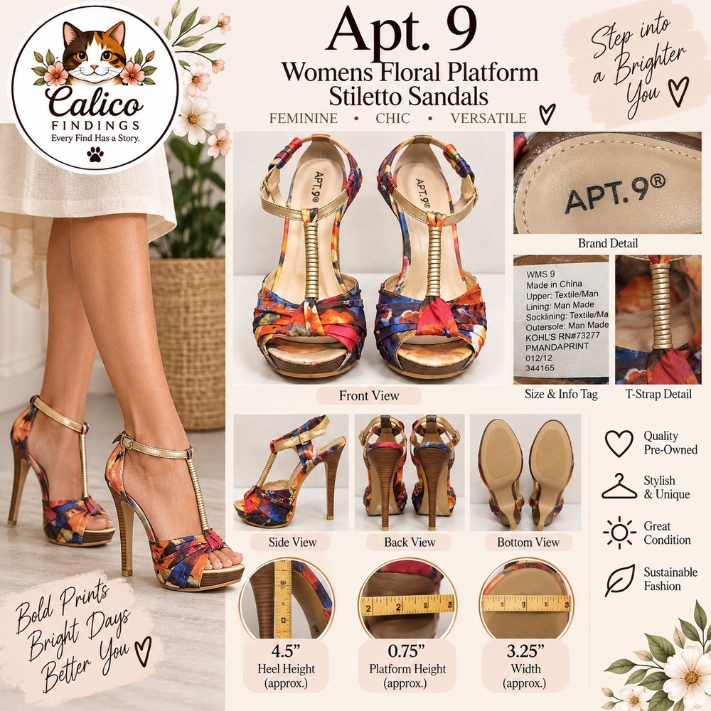 Apt. 9 Womens Floral Platform Stiletto Sandals Gold T-Strap Size 9 PMANDAPRINT
